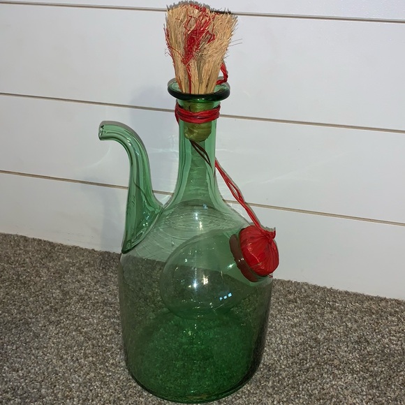 Vintage Large Hand Blown Glass Italian Wine Decanter/ Carafe Ice Chamber Green - Picture 7 of 12